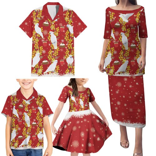 Australia Sulphur-crested Cockatoo Christmas Family Matching Puletasi and Hawaiian Shirt Aussie Golden Wattle Seamless Style