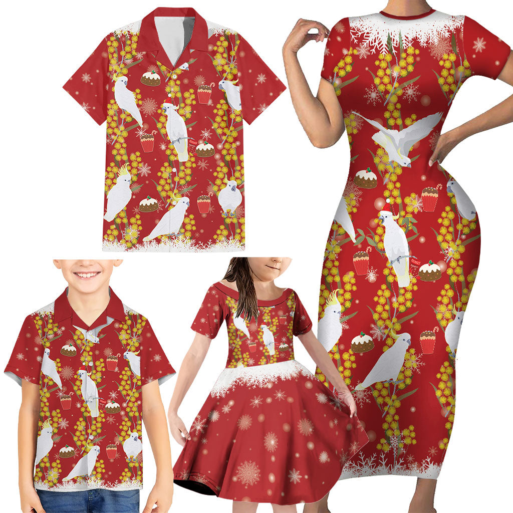 Australia Sulphur-crested Cockatoo Christmas Family Matching Short Sleeve Bodycon Dress and Hawaiian Shirt Aussie Golden Wattle Seamless Style