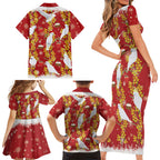 Australia Sulphur-crested Cockatoo Christmas Family Matching Short Sleeve Bodycon Dress and Hawaiian Shirt Aussie Golden Wattle Seamless Style