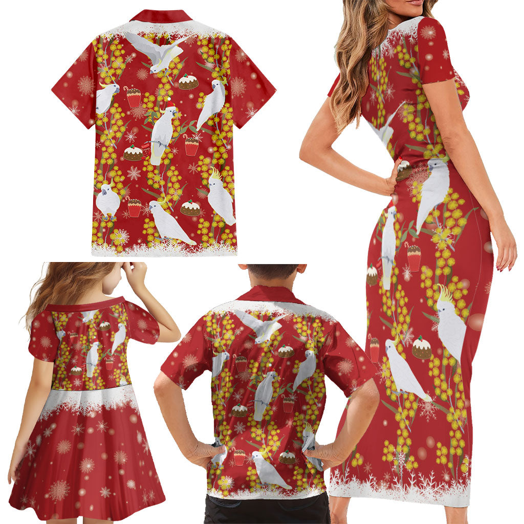Australia Sulphur-crested Cockatoo Christmas Family Matching Short Sleeve Bodycon Dress and Hawaiian Shirt Aussie Golden Wattle Seamless Style
