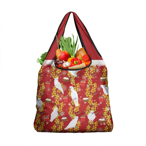 Australia Sulphur-crested Cockatoo Christmas Grocery Bag Aussie Golden Wattle Seamless Style