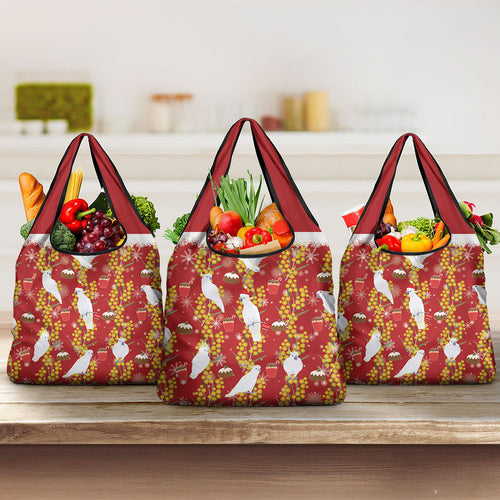Australia Sulphur-crested Cockatoo Christmas Grocery Bag Aussie Golden Wattle Seamless Style