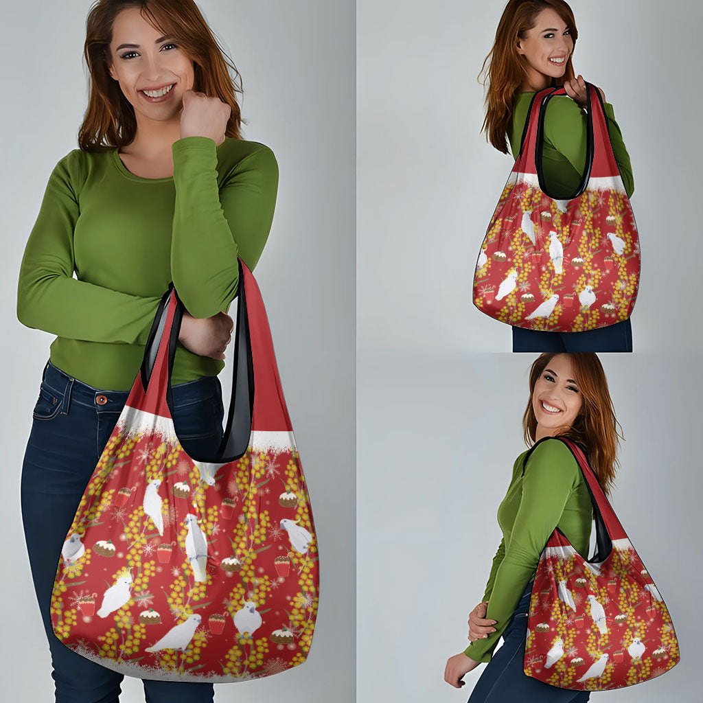 Australia Sulphur-crested Cockatoo Christmas Grocery Bag Aussie Golden Wattle Seamless Style