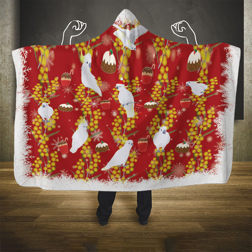 Australia Sulphur-crested Cockatoo Christmas Hooded Blanket Aussie Golden Wattle Seamless Style
