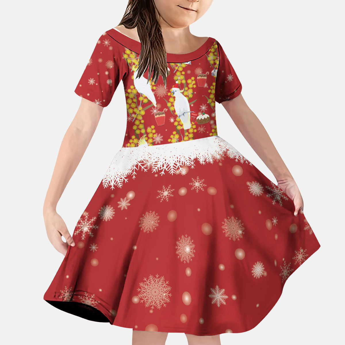Australia Sulphur-crested Cockatoo Christmas Kid Short Sleeve Dress Aussie Golden Wattle Seamless Style
