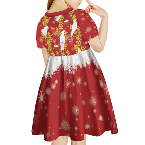 Australia Sulphur-crested Cockatoo Christmas Kid Short Sleeve Dress Aussie Golden Wattle Seamless Style