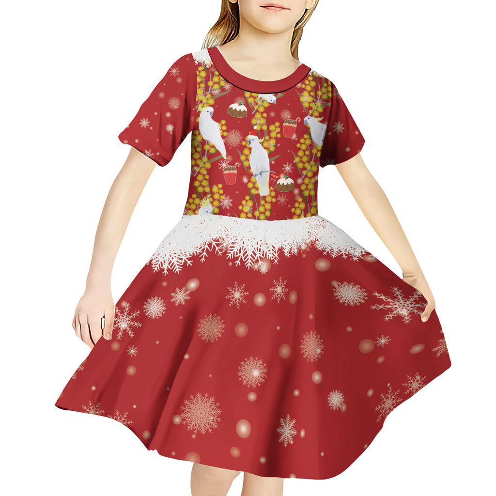 Australia Sulphur-crested Cockatoo Christmas Kid Short Sleeve Dress Aussie Golden Wattle Seamless Style