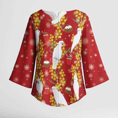 Australia Sulphur-crested Cockatoo Christmas Kimono Sleeve Blouse Aussie Golden Wattle Seamless Style