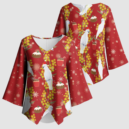 Australia Sulphur-crested Cockatoo Christmas Kimono Sleeve Blouse Aussie Golden Wattle Seamless Style