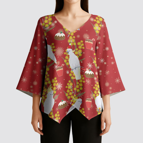 Australia Sulphur-crested Cockatoo Christmas Kimono Sleeve Blouse Aussie Golden Wattle Seamless Style