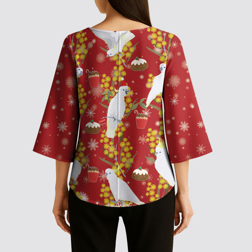 Australia Sulphur-crested Cockatoo Christmas Kimono Sleeve Blouse Aussie Golden Wattle Seamless Style