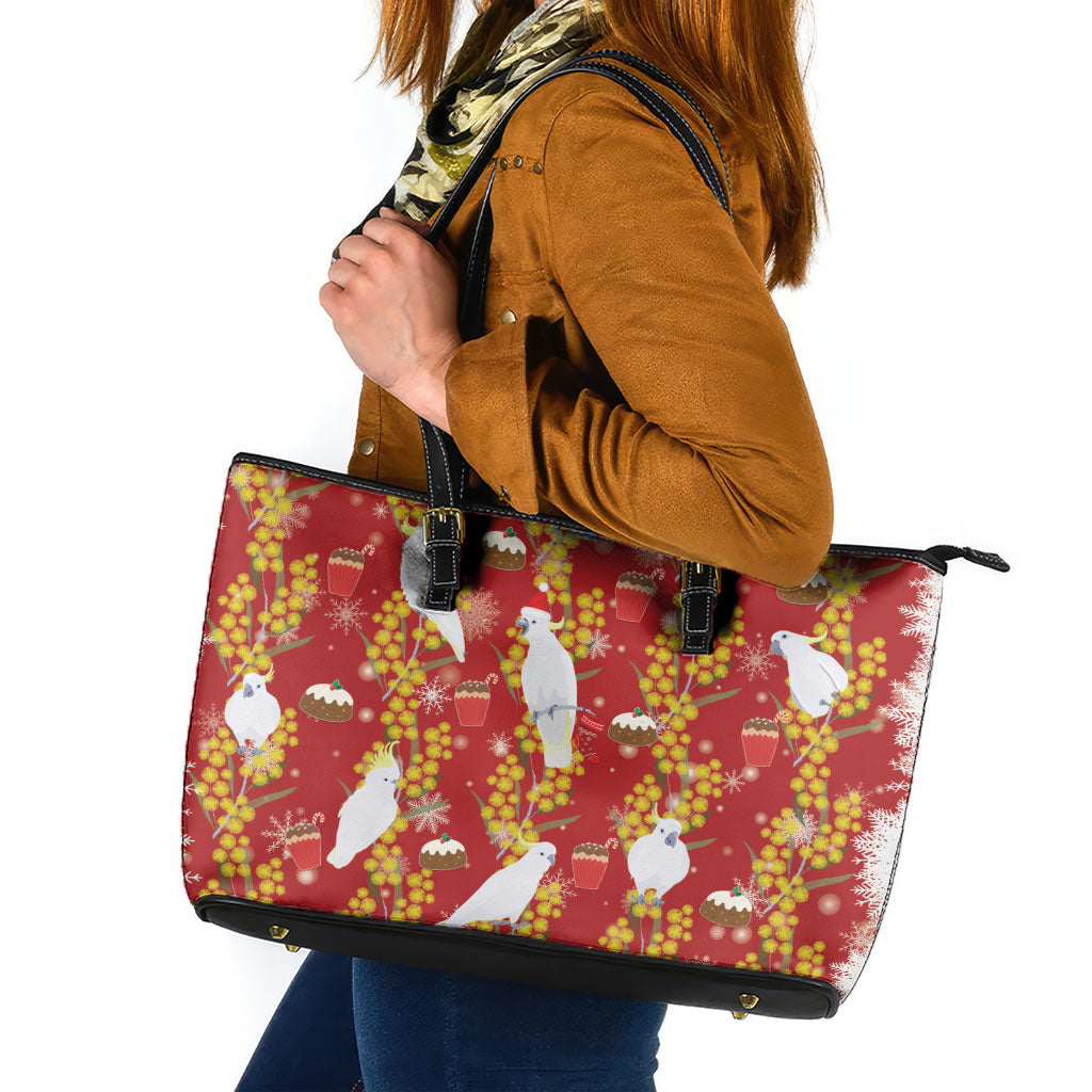 Australia Sulphur-crested Cockatoo Christmas Leather Tote Bag Aussie Golden Wattle Seamless Style