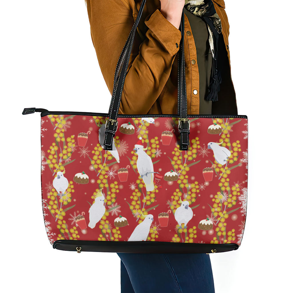 Australia Sulphur-crested Cockatoo Christmas Leather Tote Bag Aussie Golden Wattle Seamless Style