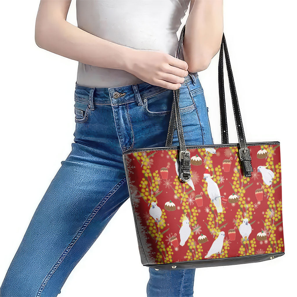 Australia Sulphur-crested Cockatoo Christmas Leather Tote Bag Aussie Golden Wattle Seamless Style