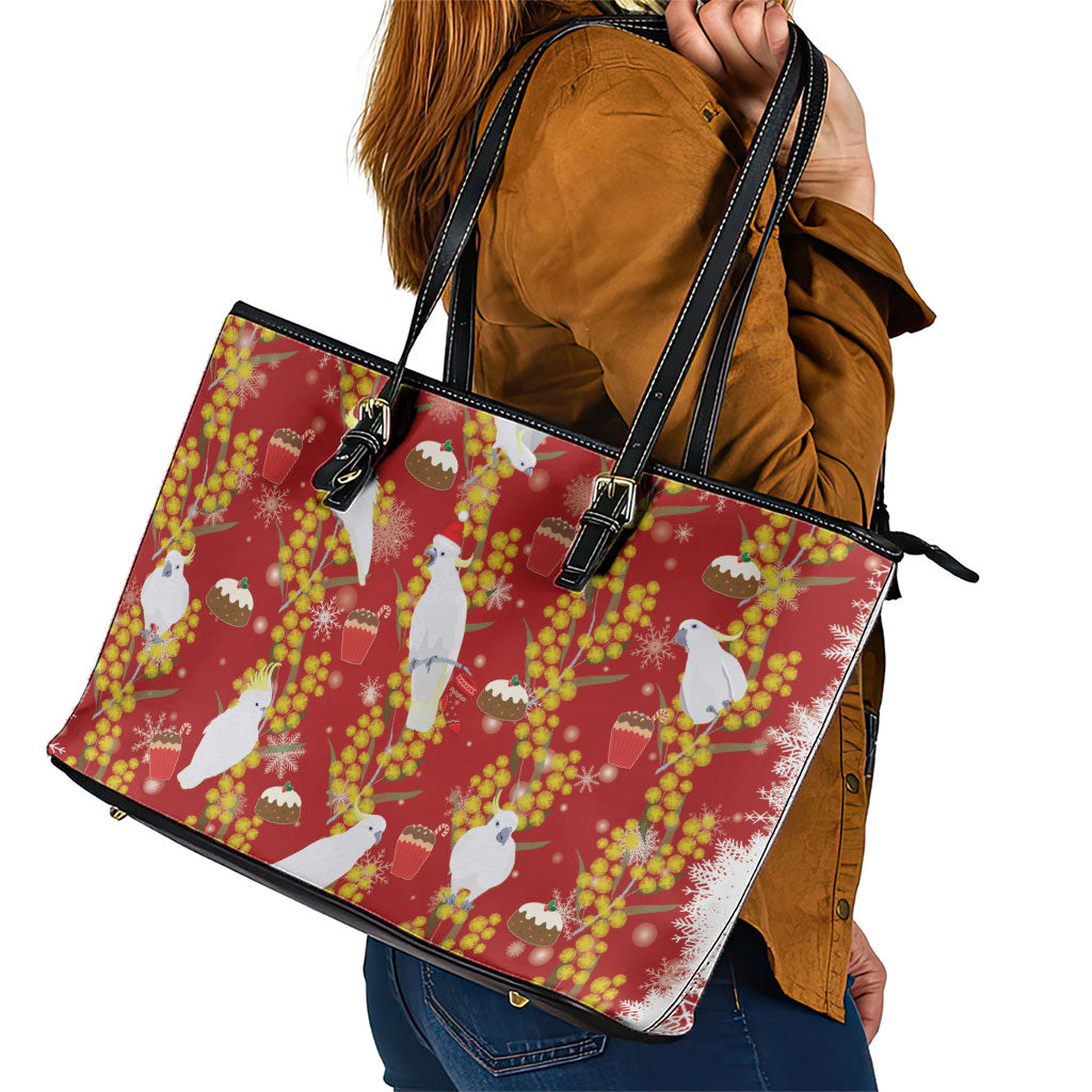Australia Sulphur-crested Cockatoo Christmas Leather Tote Bag Aussie Golden Wattle Seamless Style