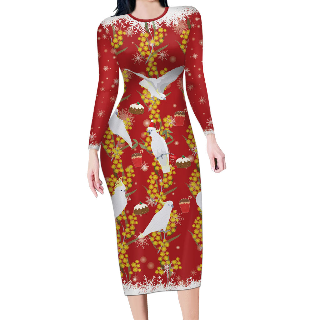 Australia Sulphur-crested Cockatoo Christmas Long Sleeve Bodycon Dress Aussie Golden Wattle Seamless Style