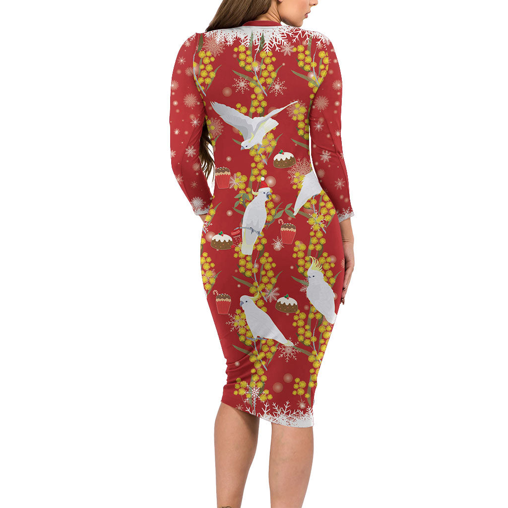 Australia Sulphur-crested Cockatoo Christmas Long Sleeve Bodycon Dress Aussie Golden Wattle Seamless Style