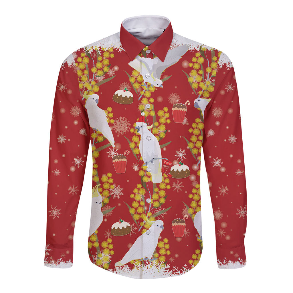 Australia Sulphur-crested Cockatoo Christmas Long Sleeve Button Shirt Aussie Golden Wattle Seamless Style