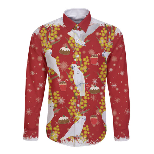 Australia Sulphur-crested Cockatoo Christmas Long Sleeve Button Shirt Aussie Golden Wattle Seamless Style