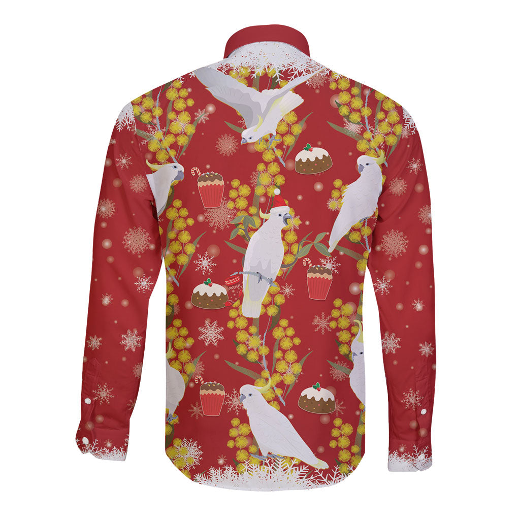 Australia Sulphur-crested Cockatoo Christmas Long Sleeve Button Shirt Aussie Golden Wattle Seamless Style