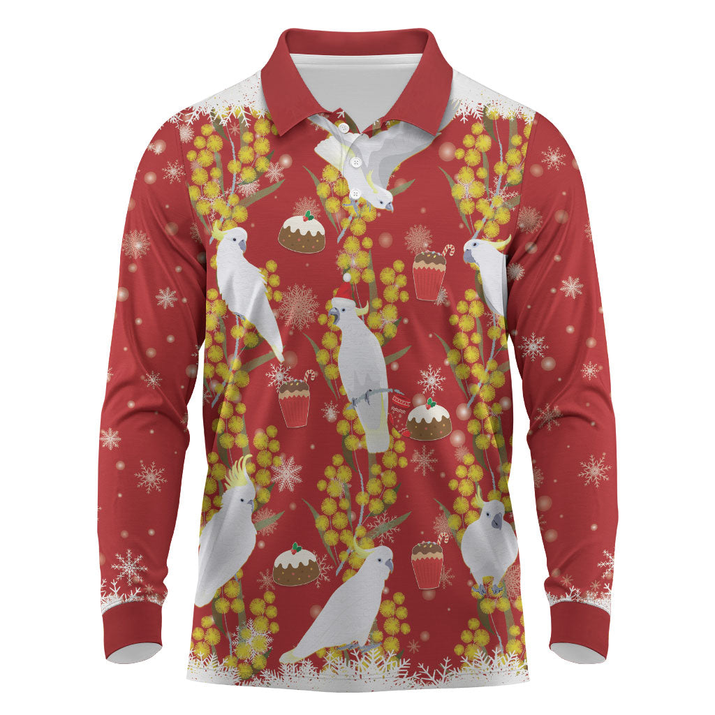 Australia Sulphur-crested Cockatoo Christmas Long Sleeve Polo Shirt Aussie Golden Wattle Seamless Style