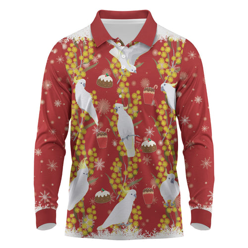 Australia Sulphur-crested Cockatoo Christmas Long Sleeve Polo Shirt Aussie Golden Wattle Seamless Style