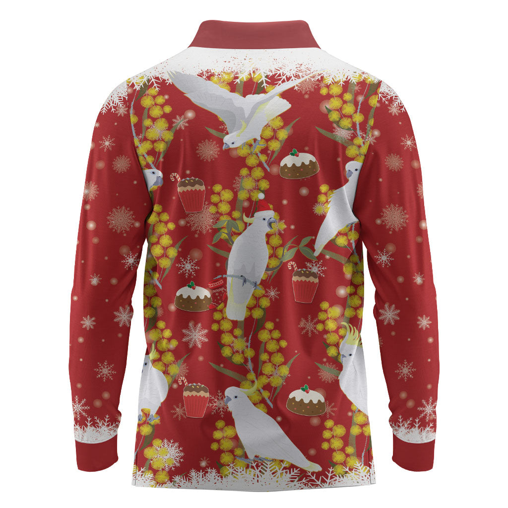 Australia Sulphur-crested Cockatoo Christmas Long Sleeve Polo Shirt Aussie Golden Wattle Seamless Style