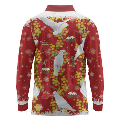 Australia Sulphur-crested Cockatoo Christmas Long Sleeve Polo Shirt Aussie Golden Wattle Seamless Style