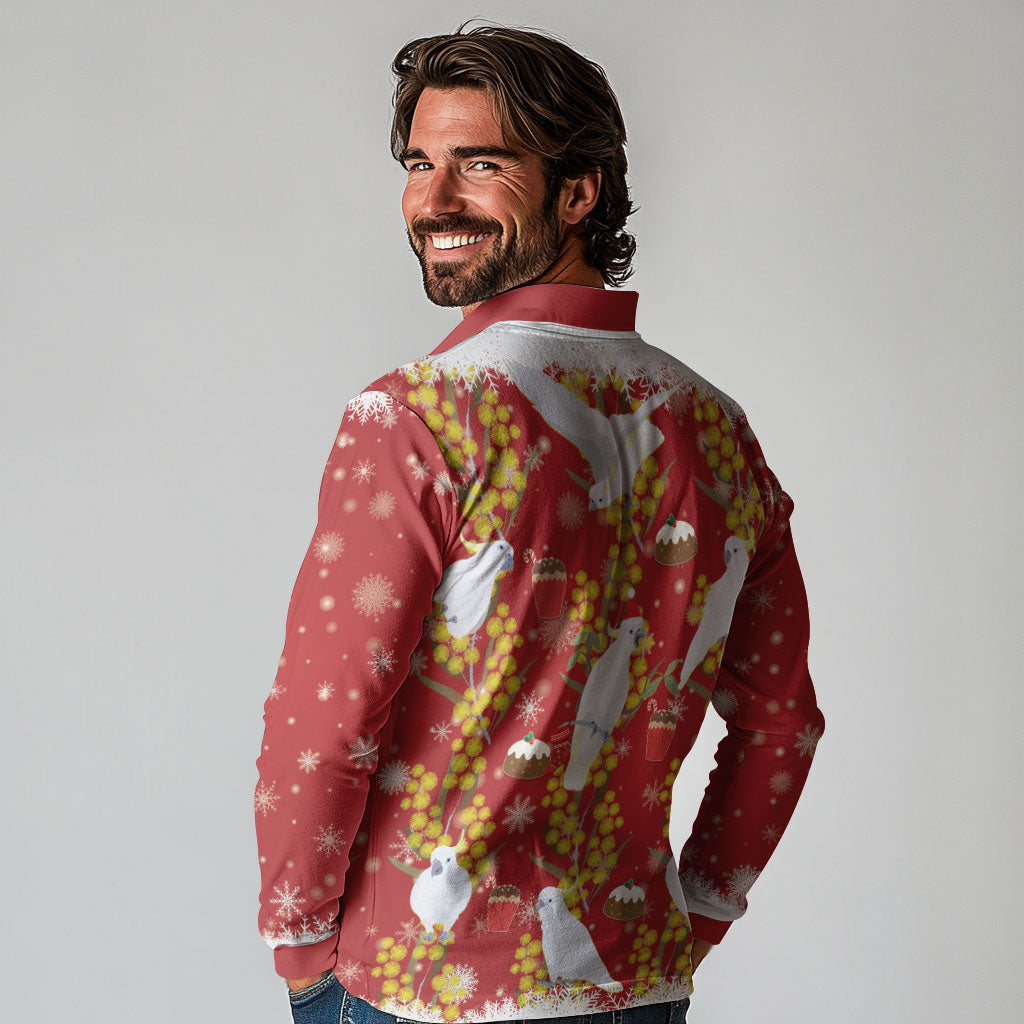 Australia Sulphur-crested Cockatoo Christmas Long Sleeve Polo Shirt Aussie Golden Wattle Seamless Style