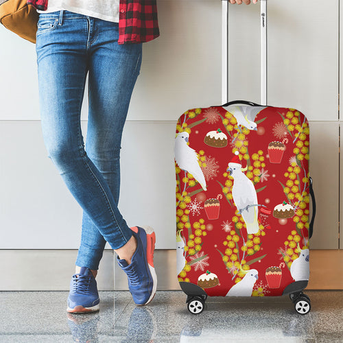 Australia Sulphur-crested Cockatoo Christmas Luggage Cover Aussie Golden Wattle Seamless Style