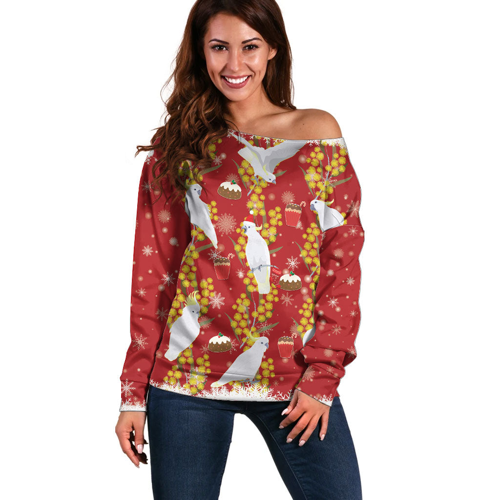 Australia Sulphur-crested Cockatoo Christmas Off Shoulder Sweater Aussie Golden Wattle Seamless Style