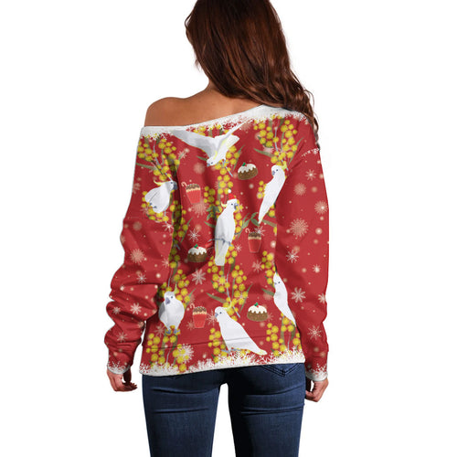 Australia Sulphur-crested Cockatoo Christmas Off Shoulder Sweater Aussie Golden Wattle Seamless Style