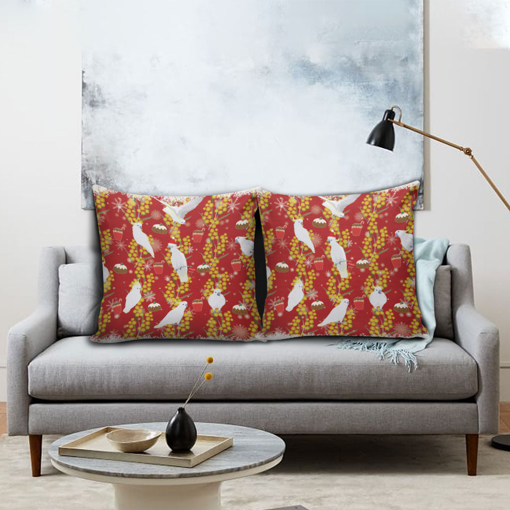 Australia Sulphur-crested Cockatoo Christmas Pillow Cover Aussie Golden Wattle Seamless Style