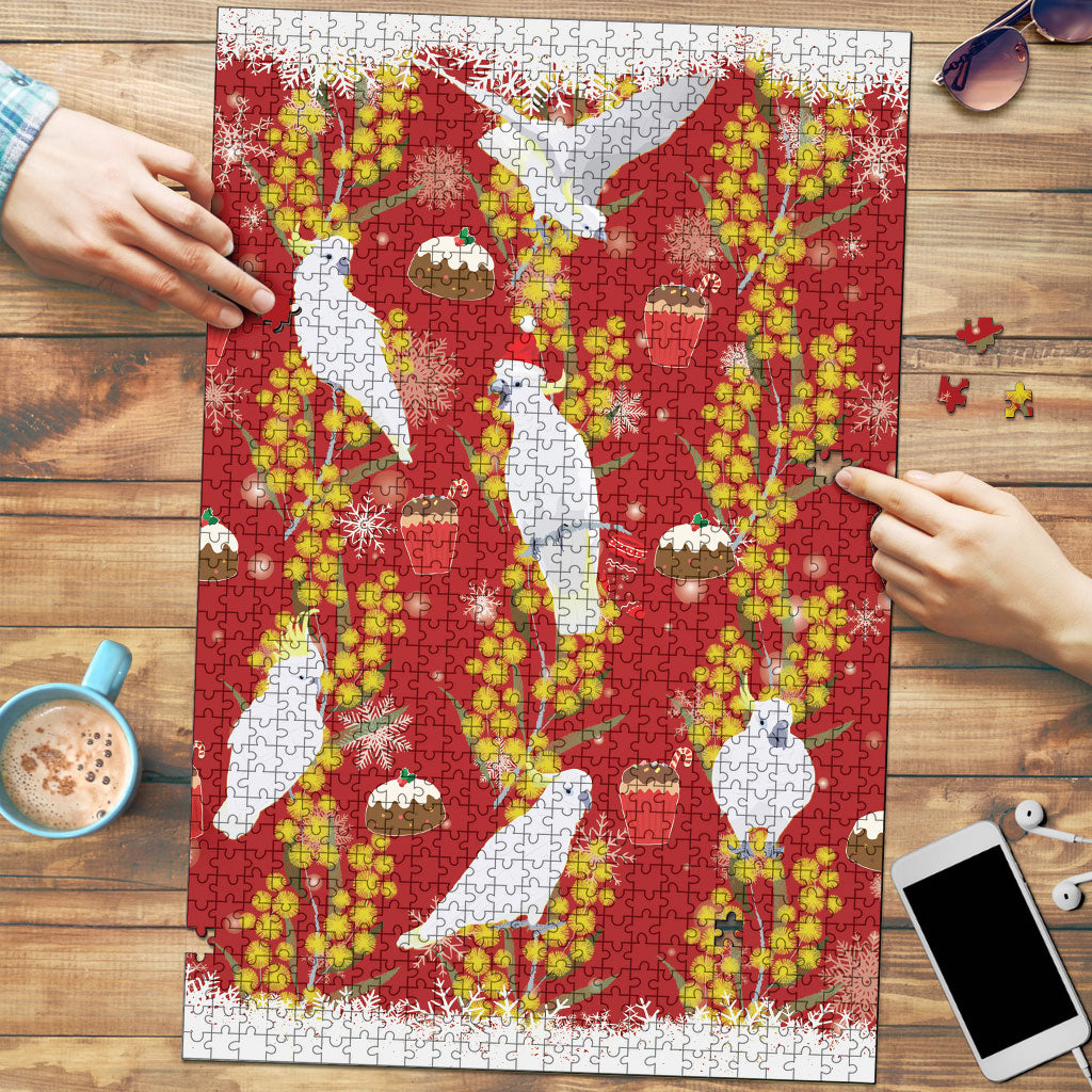 Australia Sulphur-crested Cockatoo Christmas Puzzle Aussie Golden Wattle Seamless Style