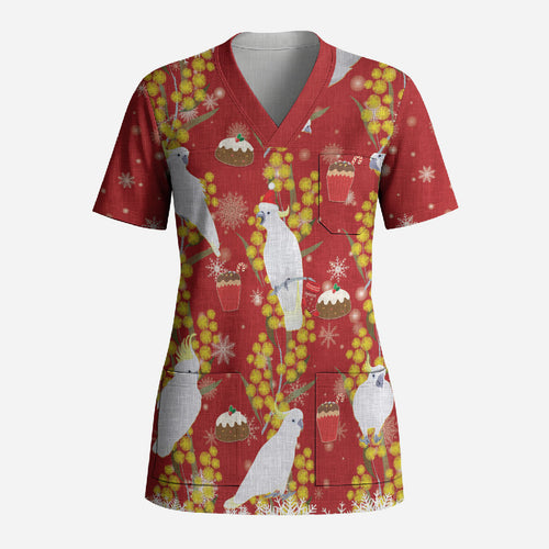 Australia Sulphur-crested Cockatoo Christmas Scrub Top Aussie Golden Wattle Seamless Style