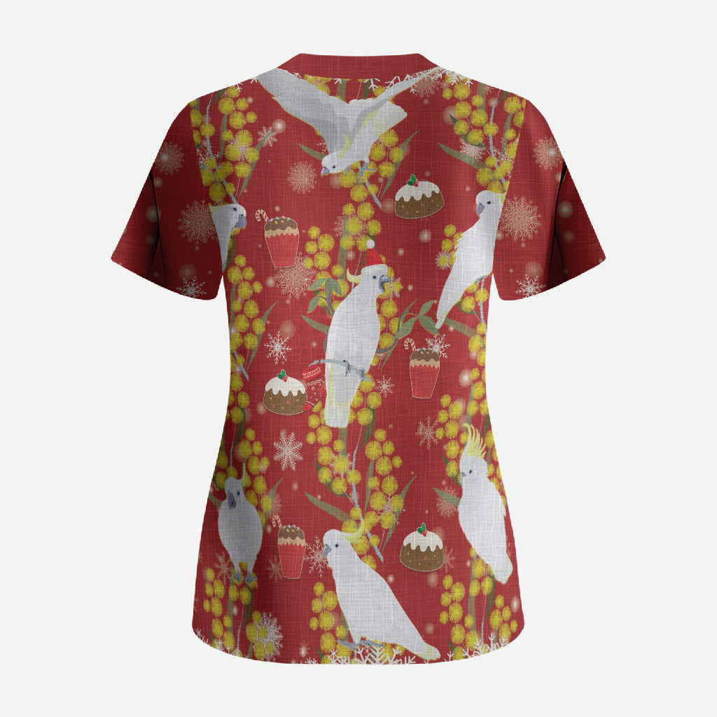 Australia Sulphur-crested Cockatoo Christmas Scrub Top Aussie Golden Wattle Seamless Style