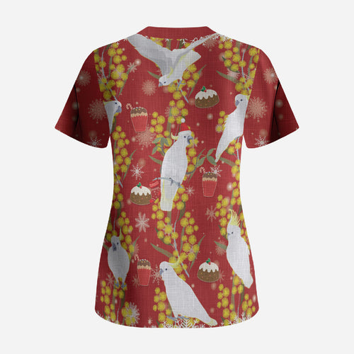 Australia Sulphur-crested Cockatoo Christmas Scrub Top Aussie Golden Wattle Seamless Style