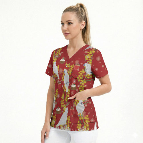 Australia Sulphur-crested Cockatoo Christmas Scrub Top Aussie Golden Wattle Seamless Style