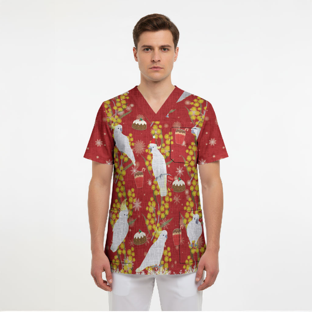 Australia Sulphur-crested Cockatoo Christmas Scrub Top Aussie Golden Wattle Seamless Style