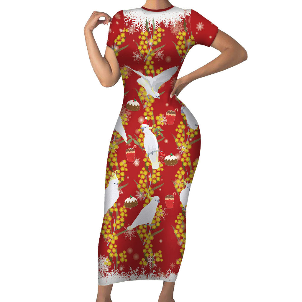 Australia Sulphur-crested Cockatoo Christmas Short Sleeve Bodycon Dress Aussie Golden Wattle Seamless Style