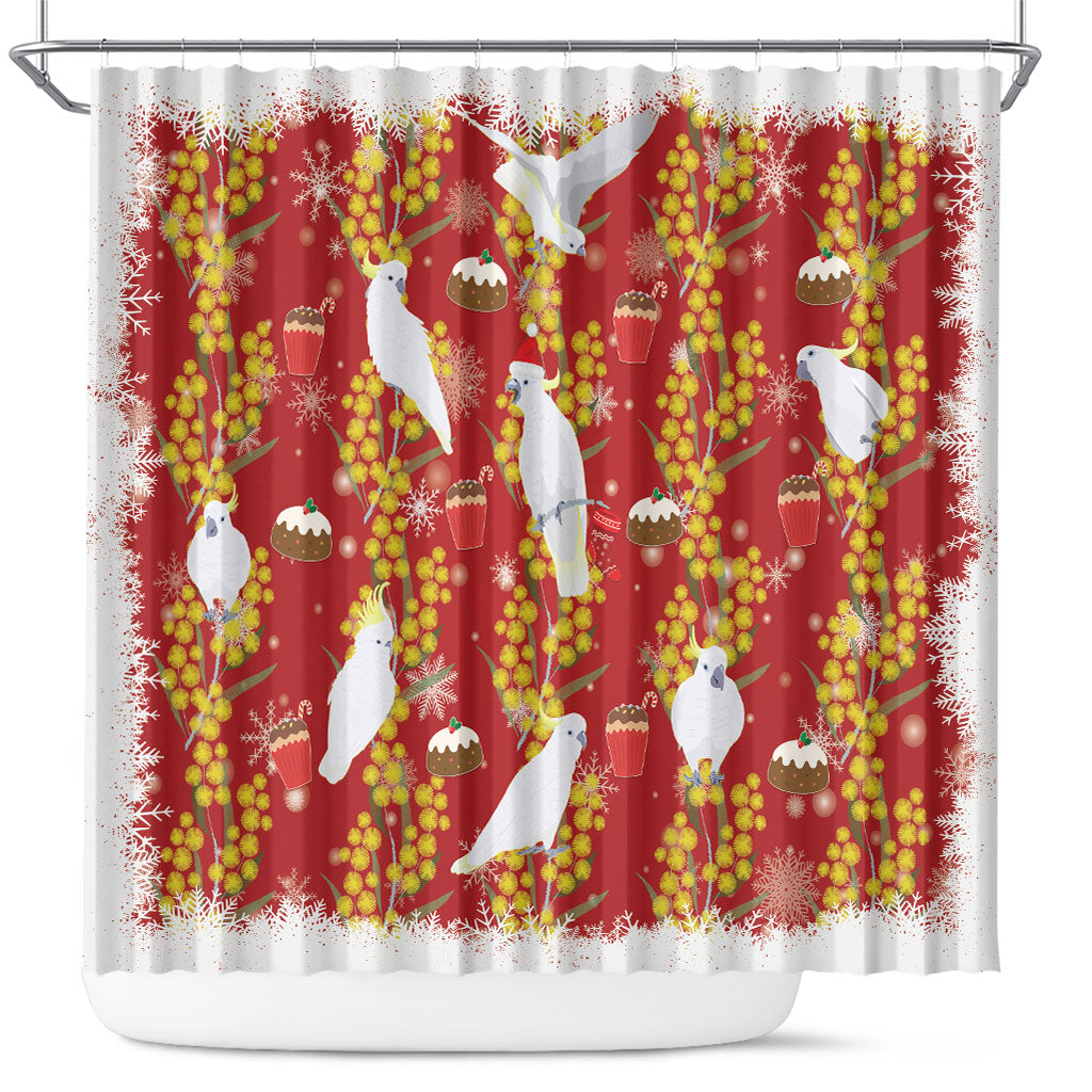 Australia Sulphur-crested Cockatoo Christmas Shower Curtain Aussie Golden Wattle Seamless Style