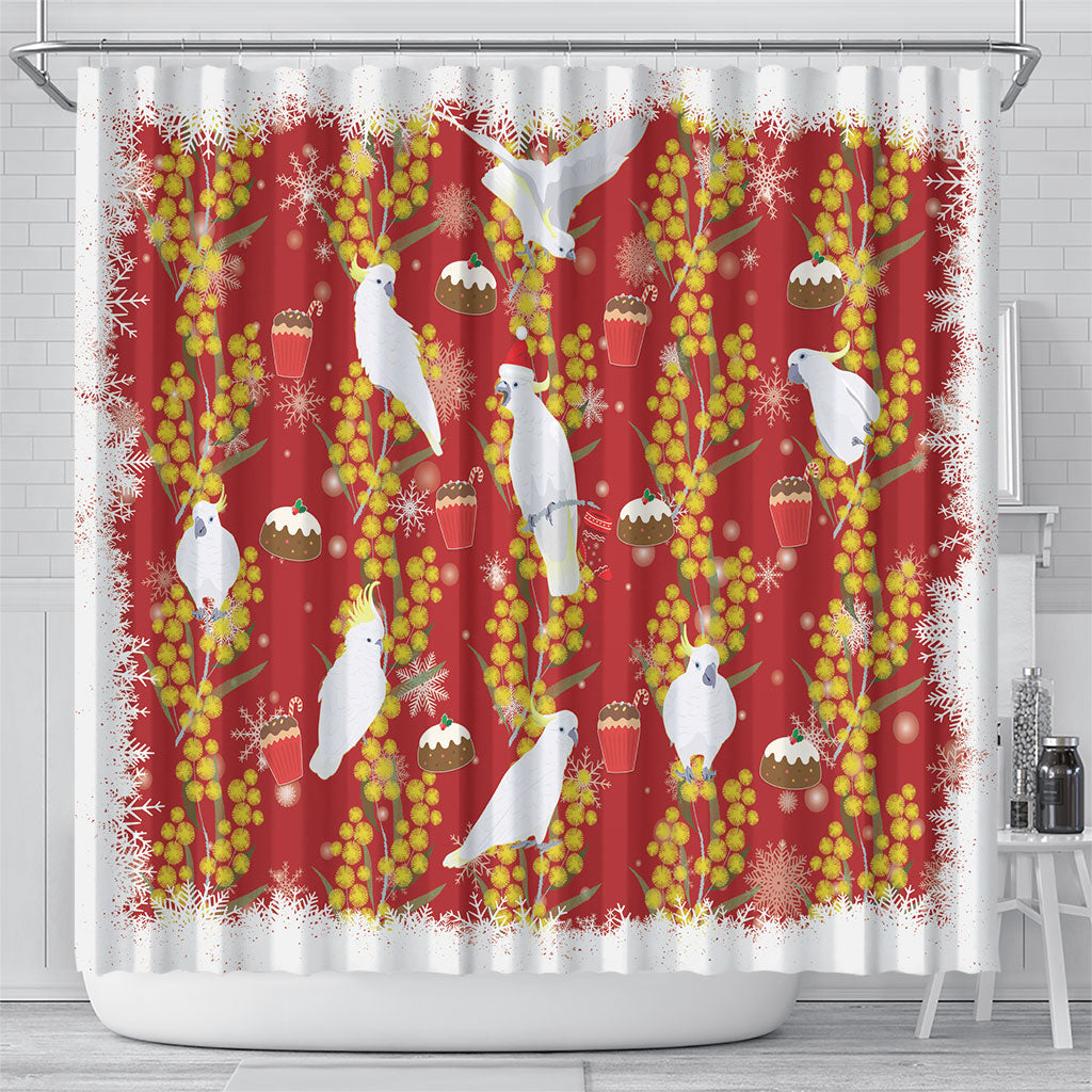 Australia Sulphur-crested Cockatoo Christmas Shower Curtain Aussie Golden Wattle Seamless Style