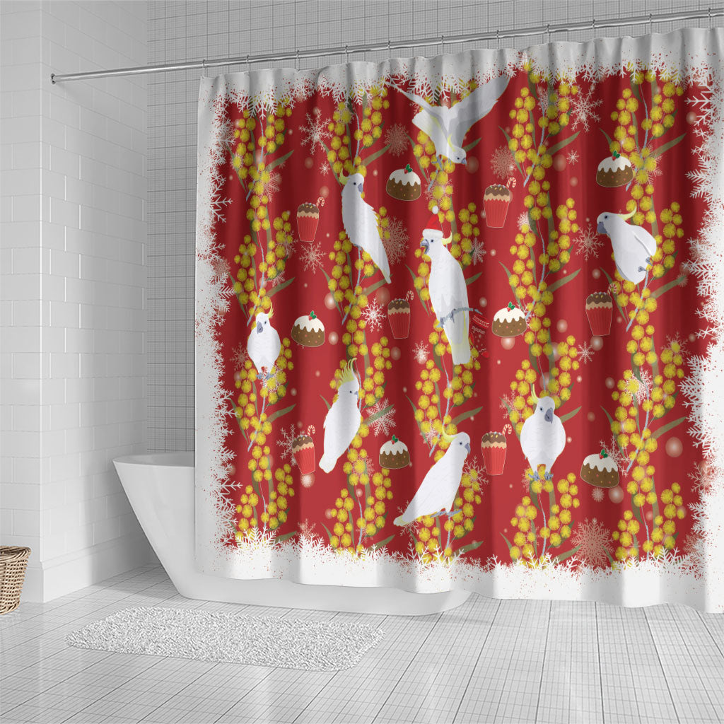 Australia Sulphur-crested Cockatoo Christmas Shower Curtain Aussie Golden Wattle Seamless Style