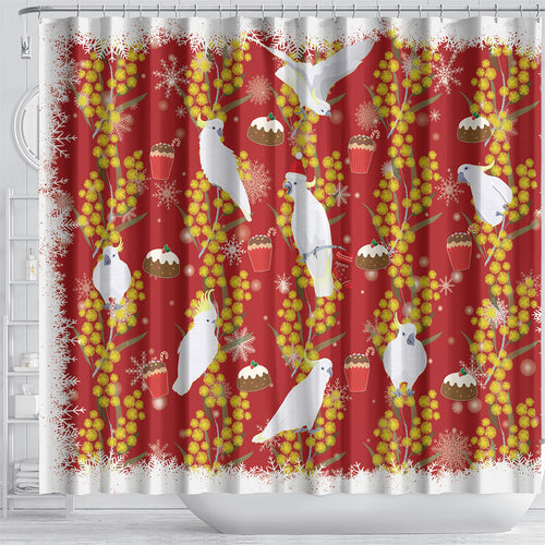 Australia Sulphur-crested Cockatoo Christmas Shower Curtain Aussie Golden Wattle Seamless Style