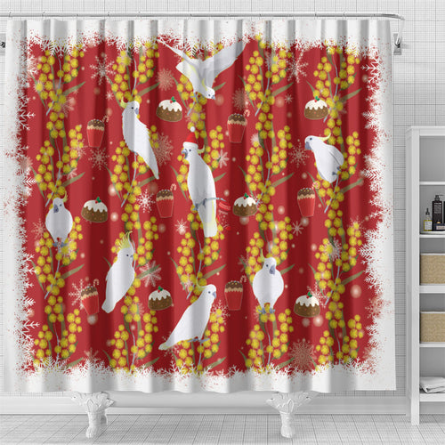 Australia Sulphur-crested Cockatoo Christmas Shower Curtain Aussie Golden Wattle Seamless Style