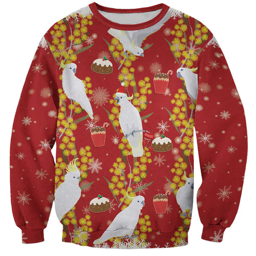 Australia Sulphur-crested Cockatoo Christmas Sweatshirt Aussie Golden Wattle Seamless Style