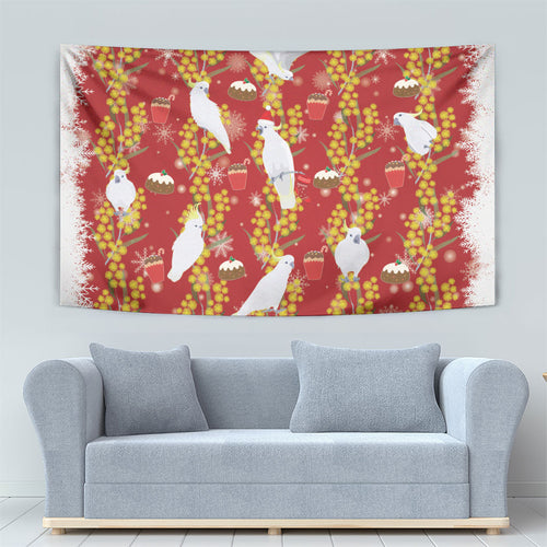 Australia Sulphur-crested Cockatoo Christmas Tapestry Aussie Golden Wattle Seamless Style