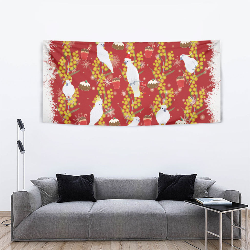 Australia Sulphur-crested Cockatoo Christmas Tapestry Aussie Golden Wattle Seamless Style