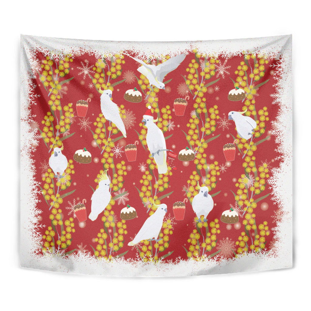 Australia Sulphur-crested Cockatoo Christmas Tapestry Aussie Golden Wattle Seamless Style