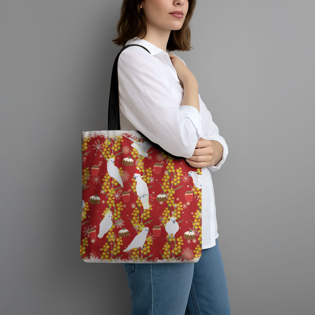 Australia Sulphur-crested Cockatoo Christmas Tote Bag Aussie Golden Wattle Seamless Style